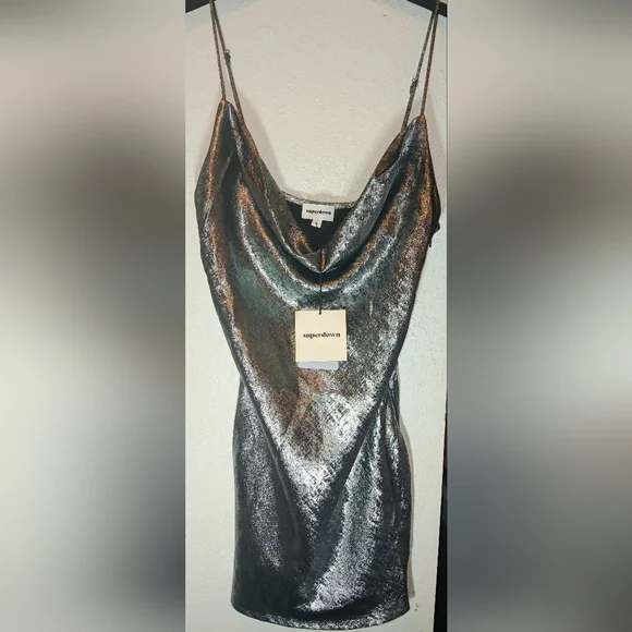 Superdown Shimmering Silver Slip Dress In gunmetal - Picture 1 of 6